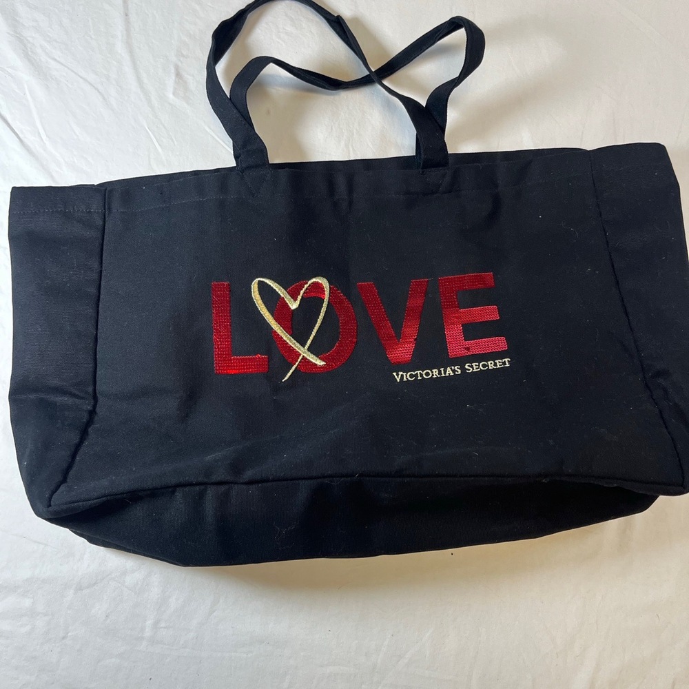 Victorias Secret Black Love Heart Decor Dual Handles Tote Bag 100 Percent Cotton